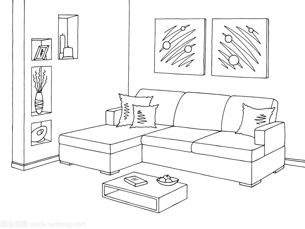 客廳圖 黑白色沙發(fā)與家用電器的素描插畫矢量藝術(shù)